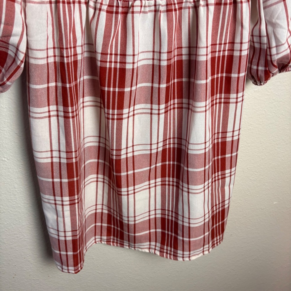 New Monteau Los Angeles S Red Plaid Babydoll Mini Dress Puff Sleeve Cottagecore - Picture 6 of 12
